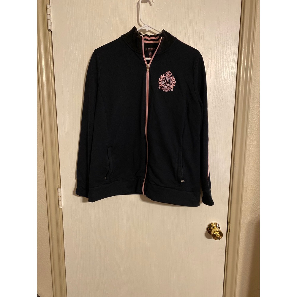 Lauren Ralph Lauren Black Pink Crest Track Jacket Full Zip 1X Women 0430